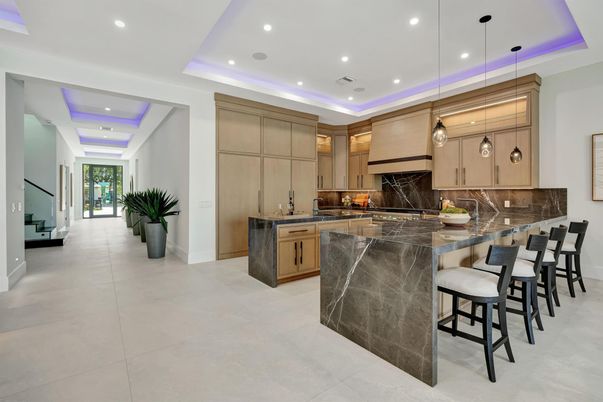 Interior, Kitchen, Marble Walls, Pendant Lights, Recessed Lighting
