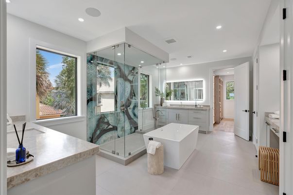 Bathroom, Free Standing Baths, Glass Shower, Interior, Recessed Lighting