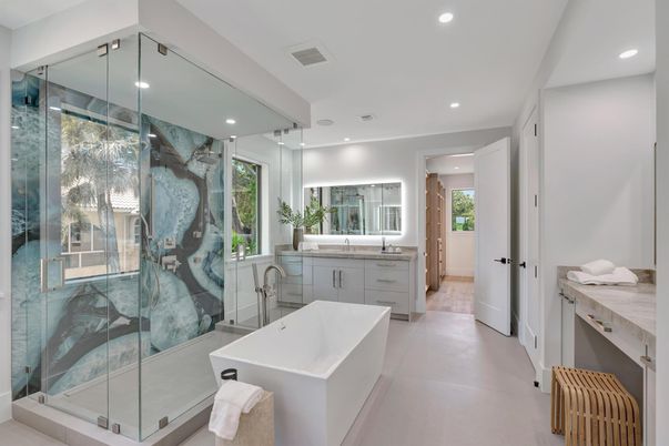 Bathroom, Free Standing Baths, Glass Shower, Interior, Recessed Lighting