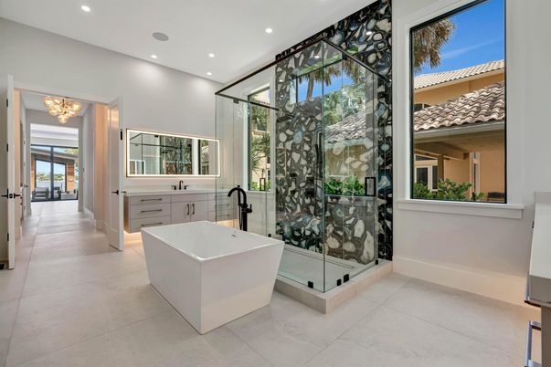 Bathroom, Free Standing Baths, Glass Shower, Interior, Recessed Lighting