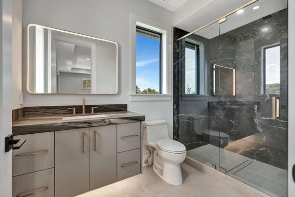 Bathroom, Glass Shower, Interior, Marble Walls, Recessed Lighting