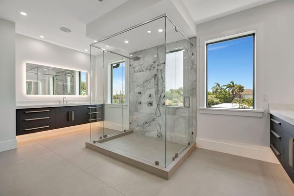 Bathroom, Glass Shower, Interior, Marble Walls, Recessed Lighting