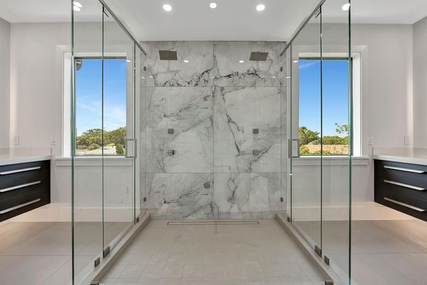 Bathroom, Glass Shower, Interior, Marble Walls, Recessed Lighting