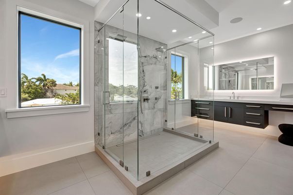 Bathroom, Dual Sink Vanities, Glass Shower, Interior, Marble Walls, Recessed Lighting