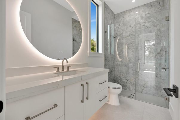 Bathroom, Glass Shower, Interior, Marble Walls, Recessed Lighting