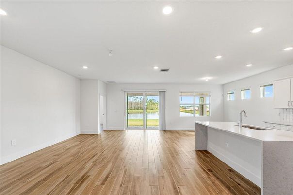 Empty room, Interior, Kitchen, Recessed Lighting, Wood Texture Flooring
