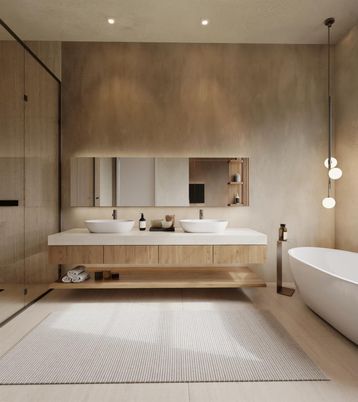 Bathroom, Dual Sink Vanities, Free Standing Baths, Glass Shower, Interior, Pendant Lights, Recessed Lighting