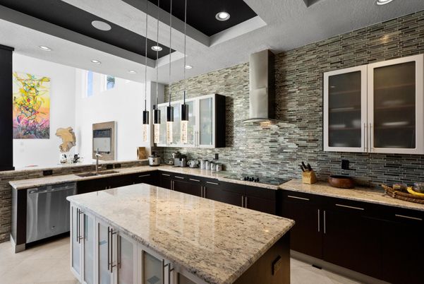 Interior, Kitchen, Pendant Lights, Recessed Lighting, Stainless Steel Appliances, Stone Walls