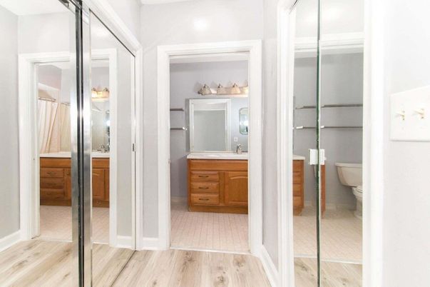 Bathroom, Glass Shower, Interior, Wood Texture Flooring