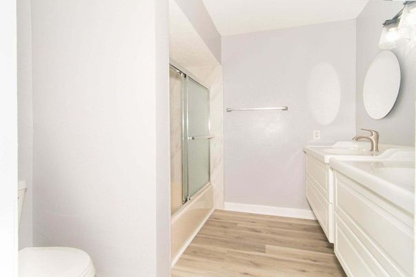 Bathroom, Glass Shower, Interior, Wood Texture Flooring