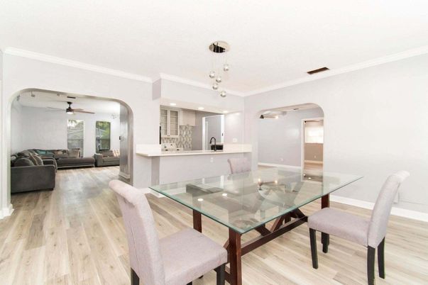 Dining room, Interior, Kitchen, Living room, Pendant Lights, Recessed Lighting, Wood Texture Flooring