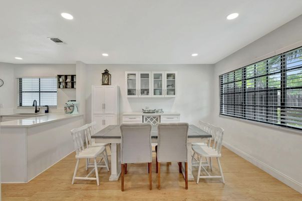 Dining room, Interior, Recessed Lighting, Wood Texture Flooring