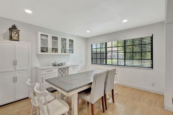 Dining room, Interior, Recessed Lighting, Wood Texture Flooring