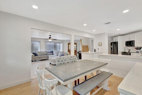 Dining room, Interior, Kitchen, Living room, Recessed Lighting, Wood Texture Flooring