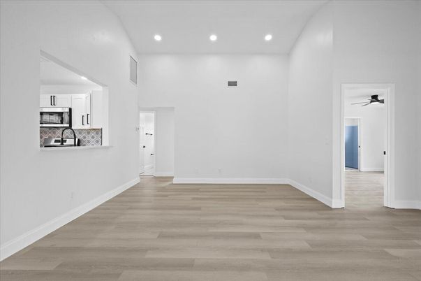 Empty room, Interior, Kitchen, Recessed Lighting, Wood Texture Flooring