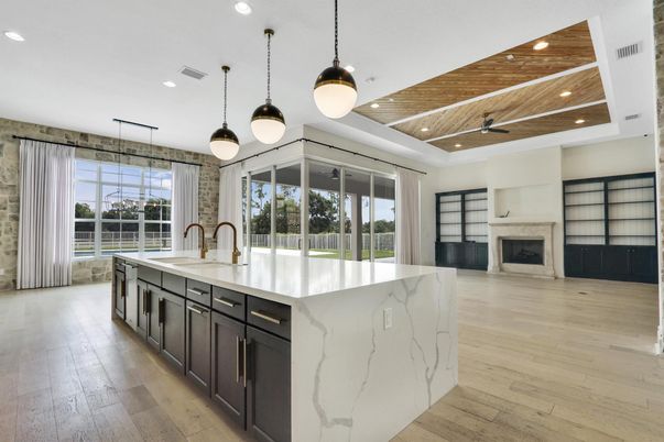 Fireplace, Interior, Kitchen, Pendant Lights, Recessed Lighting, Wooden Ceilings, Wood Texture Flooring