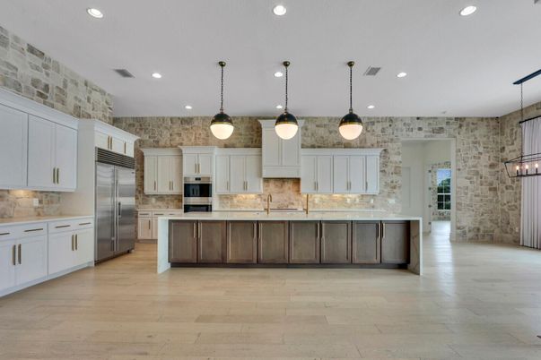 Interior, Kitchen, Pendant Lights, Recessed Lighting, Stainless Steel Appliances, Stone Walls, Wood Texture Flooring