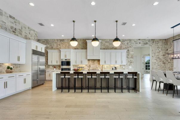Dining room, Interior, Kitchen, Pendant Lights, Recessed Lighting, Stainless Steel Appliances, Stone Walls, Wood Texture Flooring