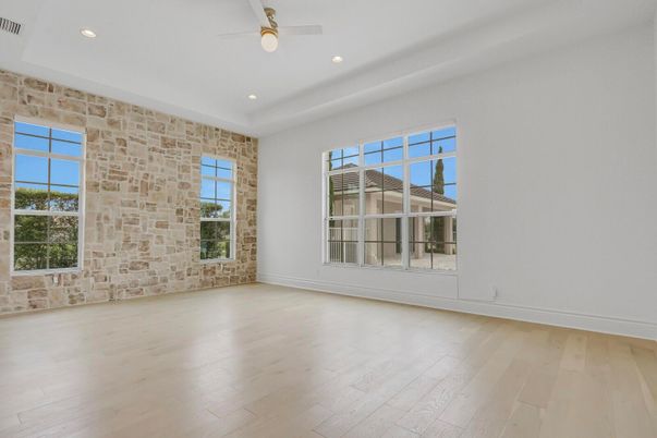 Empty room, Interior, Recessed Lighting, Stone Walls, Wood Texture Flooring
