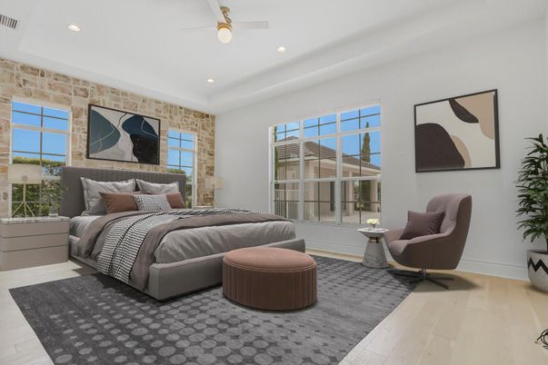 Bedroom, Interior, Recessed Lighting, Stone Walls, Wood Texture Flooring