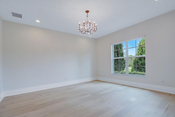 Chandelier, Empty room, Interior, Recessed Lighting, Wood Texture Flooring