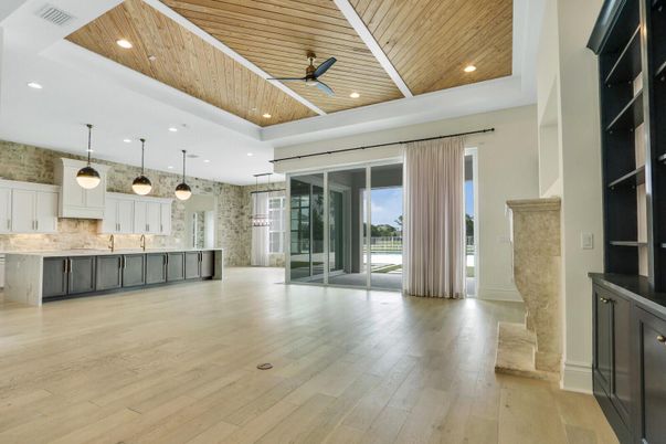Interior, Kitchen, Pendant Lights, Recessed Lighting, Wooden Ceilings, Wood Texture Flooring