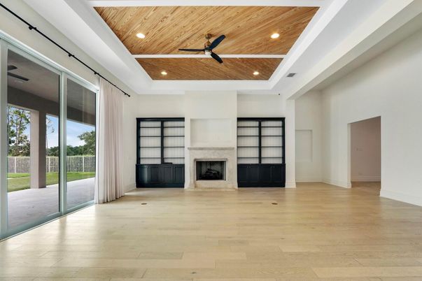 Empty room, Fireplace, Interior, Recessed Lighting, Wooden Ceilings, Wood Texture Flooring