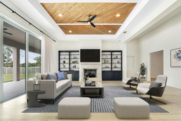 Fireplace, Interior, Living room, Recessed Lighting, Wooden Ceilings, Wood Texture Flooring