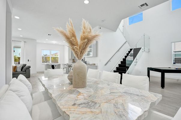 Dining room, Game Room, Interior, Living room, Recessed Lighting, Wood Texture Flooring