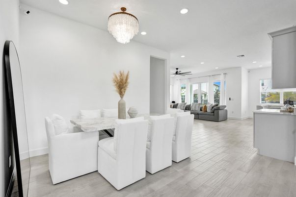 Chandelier, Dining room, Interior, Living room, Recessed Lighting, Wood Texture Flooring