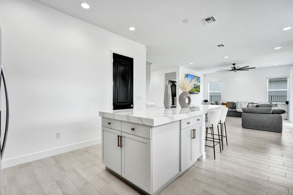 Interior, Kitchen, Living room, Recessed Lighting, Wood Texture Flooring