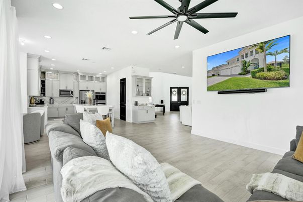 Interior, Kitchen, Living room, Recessed Lighting, Stainless Steel Appliances, Wood Texture Flooring