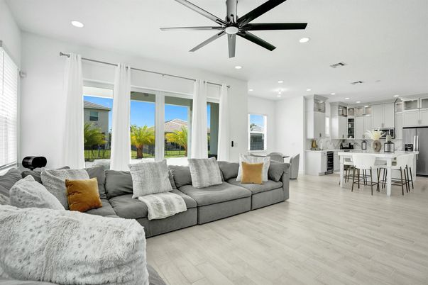 Dining room, Interior, Kitchen, Living room, Recessed Lighting, Wood Texture Flooring