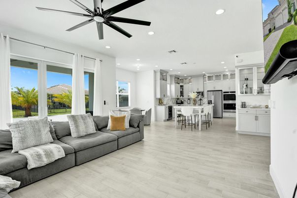 Dining room, Interior, Kitchen, Living room, Recessed Lighting, Stainless Steel Appliances, Wood Texture Flooring