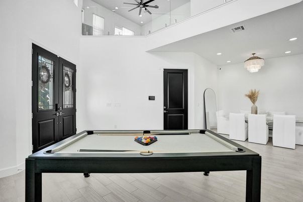 Billiard Table, Chandelier, Game Room, Interior, Recessed Lighting, Wood Texture Flooring