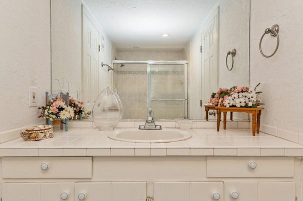 Bathroom, Glass Shower, Interior, Recessed Lighting, Tile Countertops