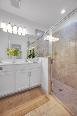 Bathroom, Dual Sink Vanities, Glass Shower, Interior, Recessed Lighting
