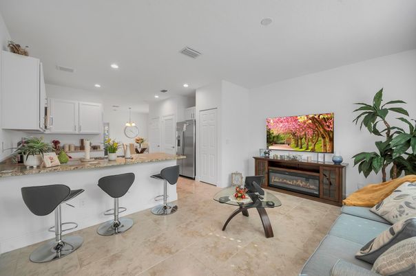 Fireplace, Interior, Kitchen, Living room, Recessed Lighting
