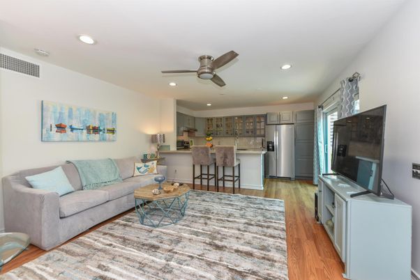 Interior, Kitchen, Living room, Recessed Lighting, Stainless Steel Appliances, Wood Texture Flooring
