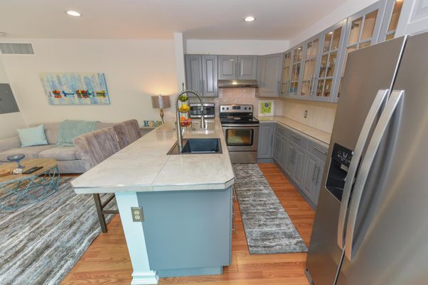 Interior, Kitchen, Living room, Recessed Lighting, Stainless Steel Appliances, Wood Texture Flooring