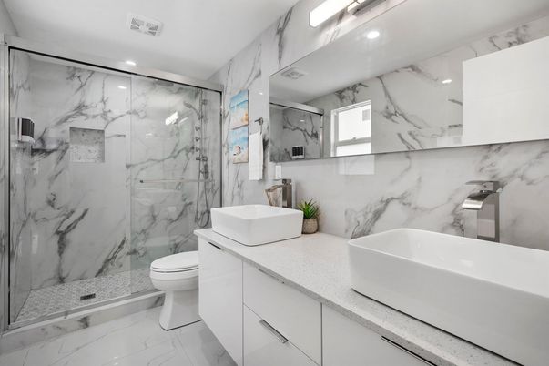 Bathroom, Glass Shower, Interior, Marble, Marble Walls, Recessed Lighting