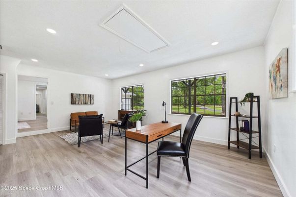 Home Office, Interior, Living room, Recessed Lighting, Wood Texture Flooring