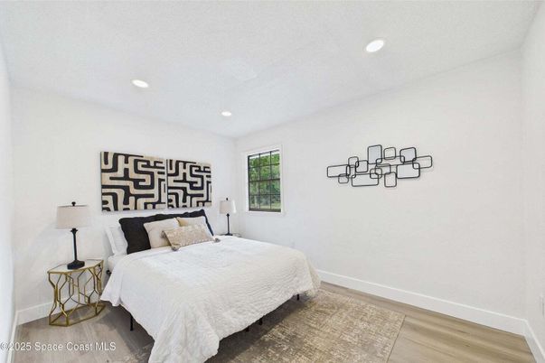 Bedroom, Interior, Recessed Lighting, Wood Texture Flooring