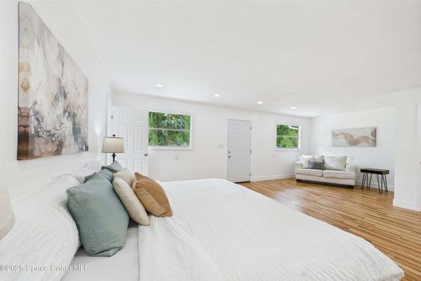 Bedroom, Interior, Recessed Lighting, Wood Texture Flooring