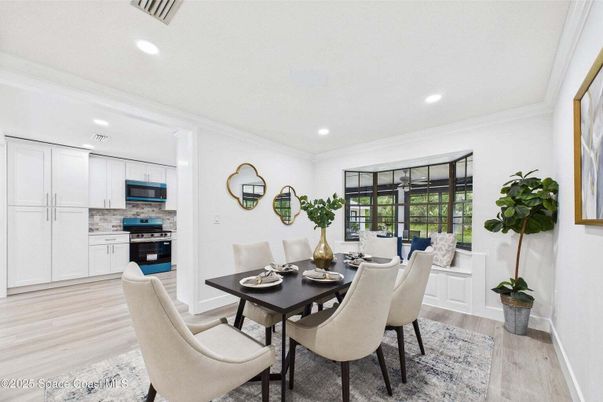 Dining room, Interior, Kitchen, Recessed Lighting, Stainless Steel Appliances, Wood Texture Flooring