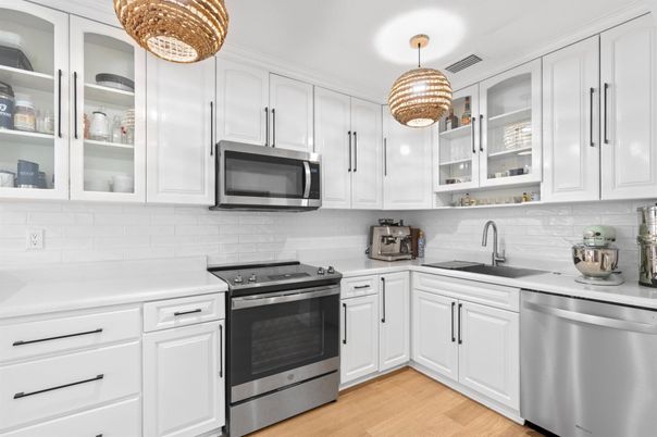Interior, Kitchen, Pendant Lights, Stainless Steel Appliances, Wood Texture Flooring