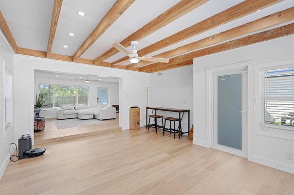 Interior, Living room, Recessed Lighting, Wooden Beams, Wood Texture Flooring