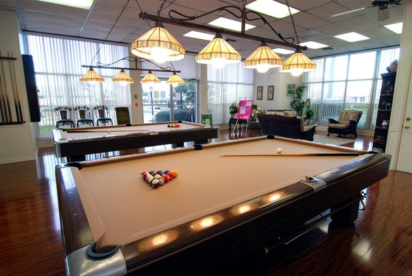 Billiard Table, Game Room, Interior, Pendant Lights, Wood Texture Flooring
