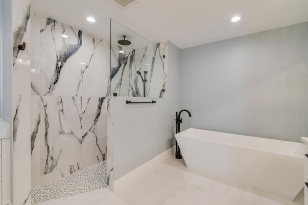 Bathroom, Free Standing Baths, Interior, Marble Walls, Recessed Lighting