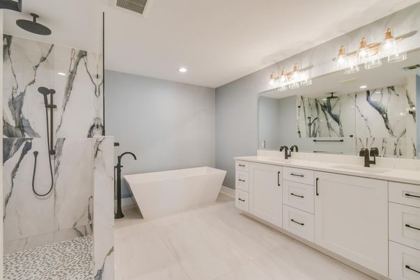 Bathroom, Dual Sink Vanities, Free Standing Baths, Interior, Marble Walls, Recessed Lighting